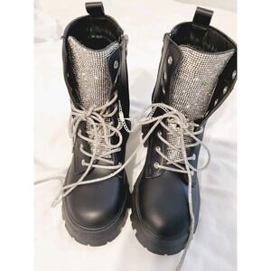 Wild Diva Sz 6.5 Black Rhinestone Lace-Up Boots Women's Chunky Combat